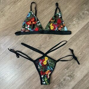 Shein 2 Piece Bra Panty Lingerie Set ~ Black Sheer, Colorful Floral ~ Size L
